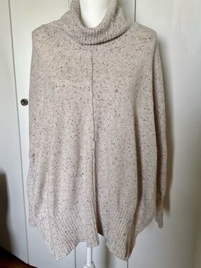 Ruby Moon Turtleneck Speckled Knit Poncho Sweater - Beige